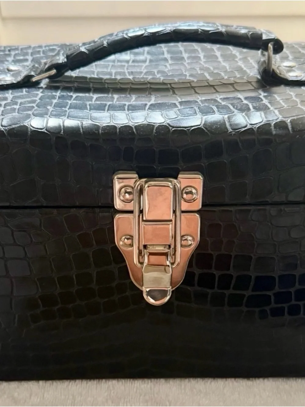 Vintage Nordstrom Makeup Train Case Faux Black Alligator Leather with Gold Trim